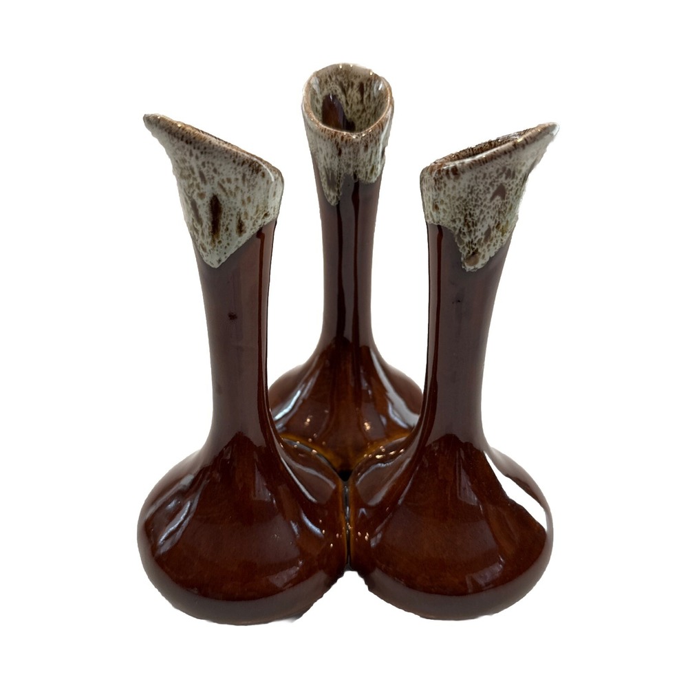 Vintage Van Briggle Pottery Triple Bud Vase in Brown with White Drip Glaze